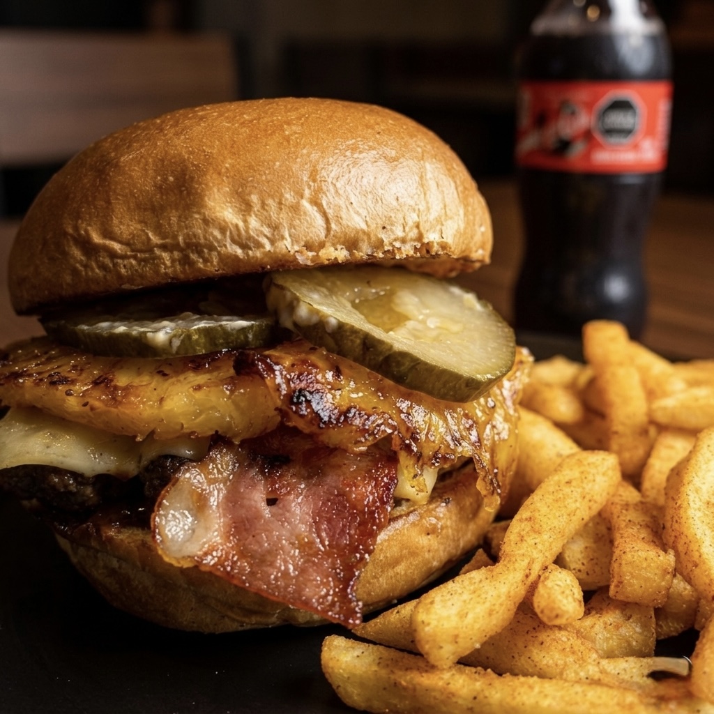 Hamburguesa de Cava Foods con tocineta, piña asada y papas